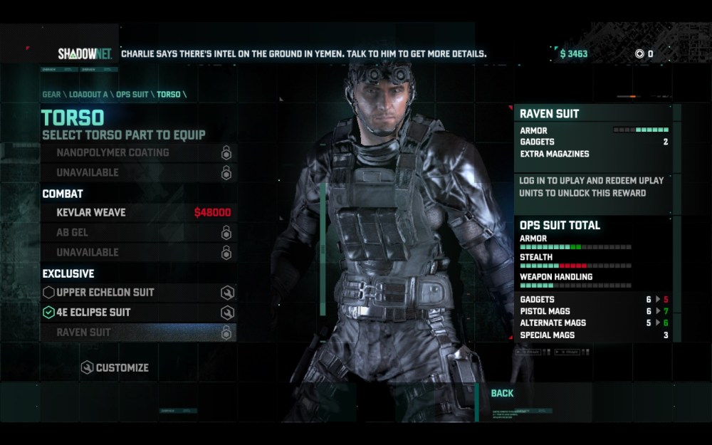After mission money can be spent on upgrading everything from weapons to the suits Sam wears on missions.